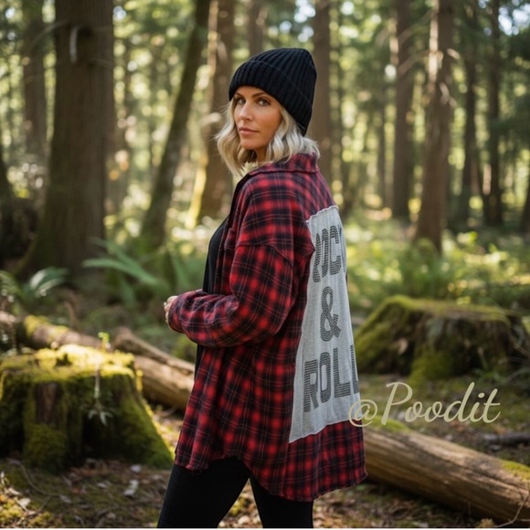 Fantastic Fawn Tops - FANTASTIC FAWN Embellished red and black oversized flannel S M L